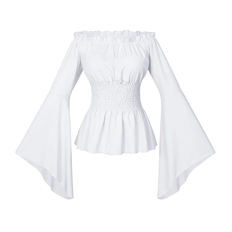 Womens Renaissance Victorian Peasant Ruffled Smocked Waist Bohemian Pirate Shirt Cosplay Costume
