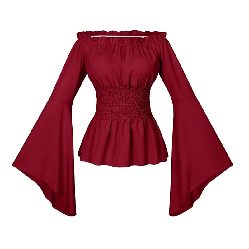 Womens Renaissance Victorian Peasant Ruffled Smocked Waist Bohemian Pirate Shirt Cosplay Costume