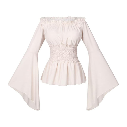 Womens Renaissance Victorian Peasant Ruffled Smocked Waist Bohemian Pirate Shirt Cosplay Costume