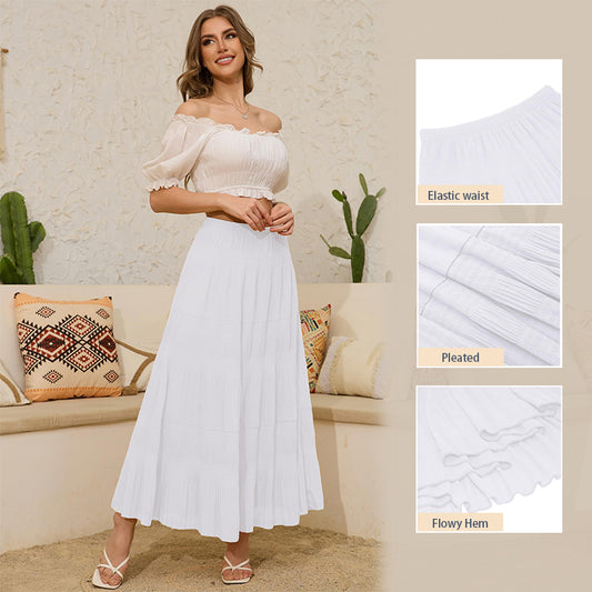 Women Chiffon White Flowing Maxi Dress Bohemian Summer Elastic Waist Pleated A-Line Maxi Dress 2025